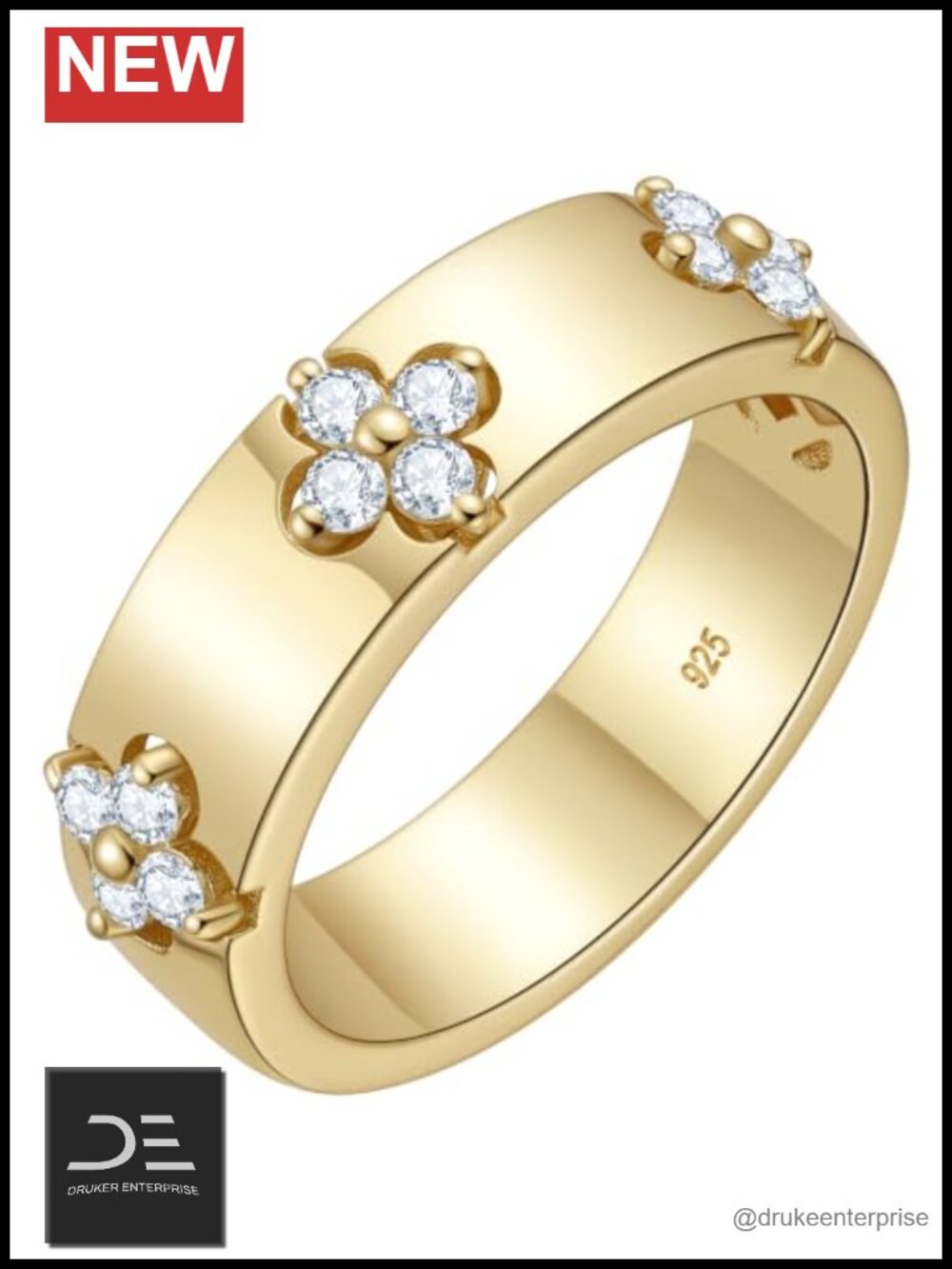 925 Sterling Silver Moissanite Clover Eternity Ring 14K Yellow Gold Plated